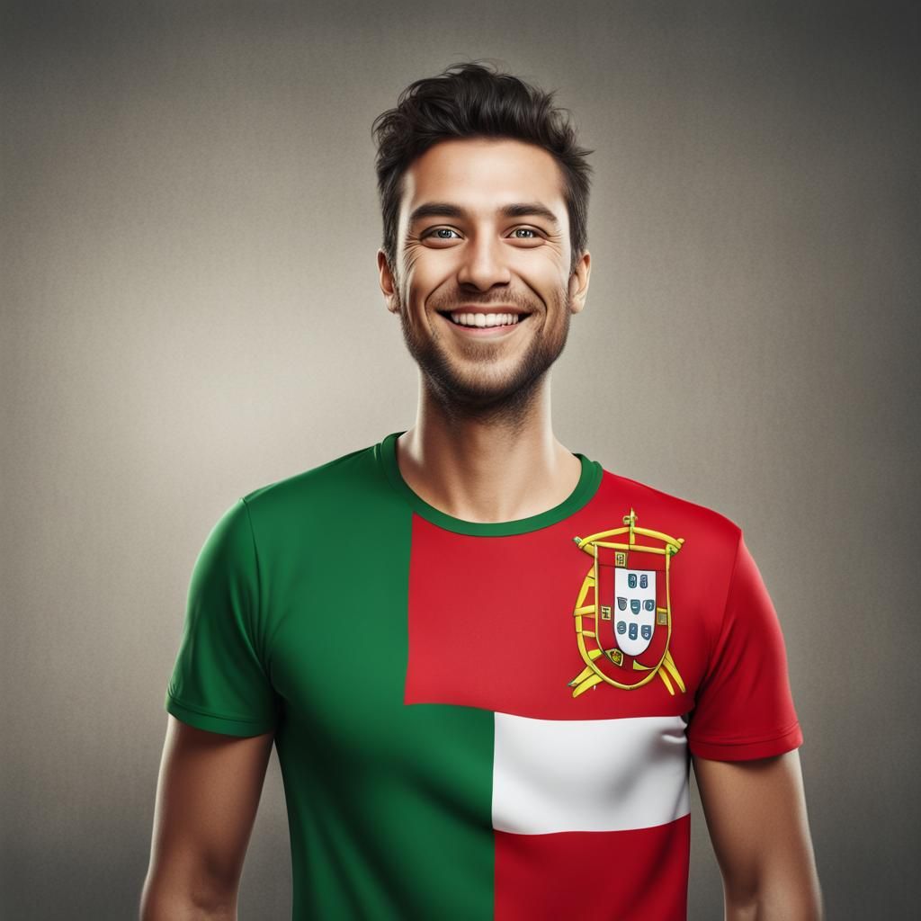 Man Smiles Near Portugal Flag: Photorealistic Image