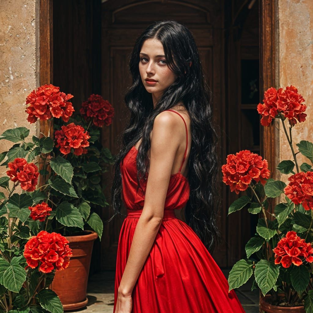 Lady in Red Surrounded by Geraniums, in Expressionist Style