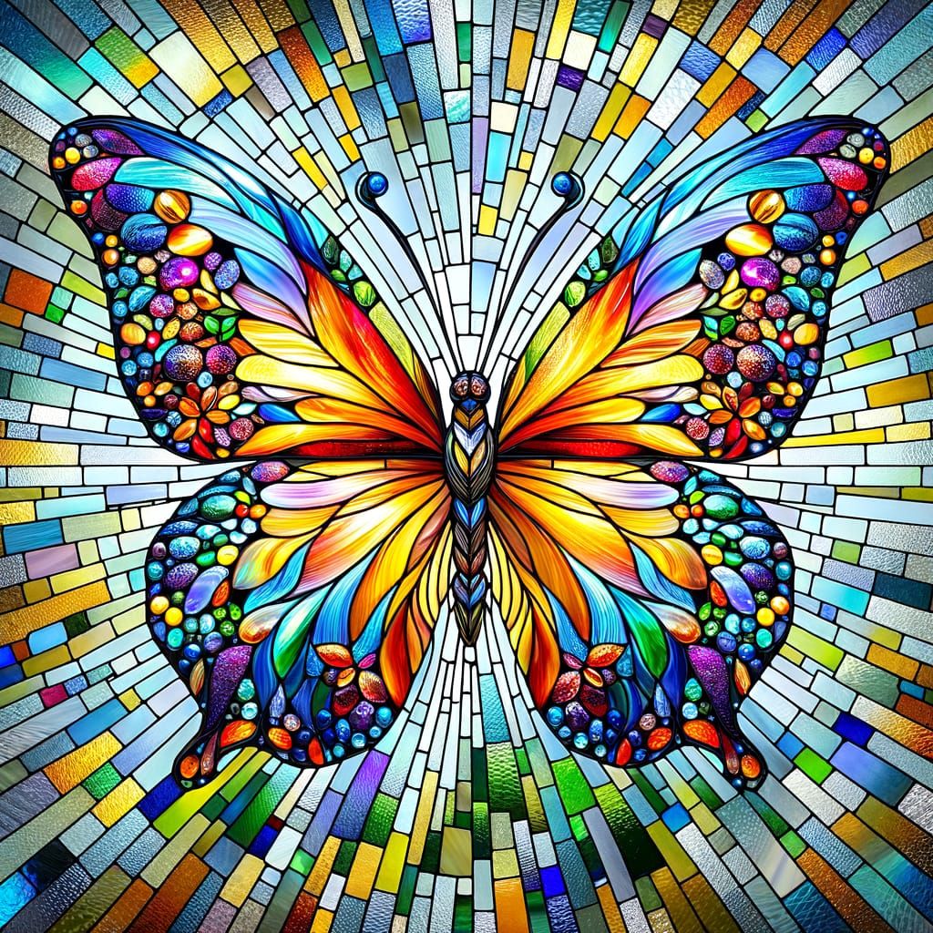 Stunning Stained Glass Mosaic Butterfly in Flight