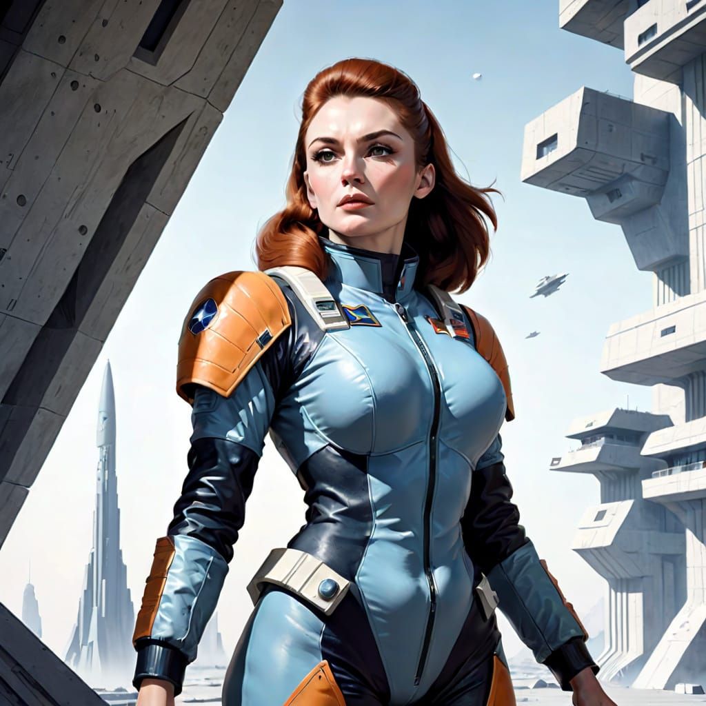 Female Space Commander in Monolithic Brutalism
