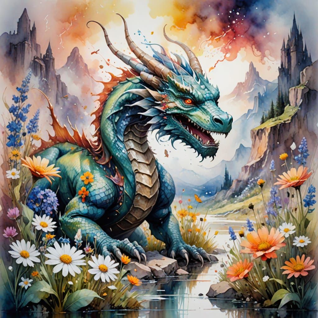 Dragon and Mouse Soaring in Watercolor Landscape