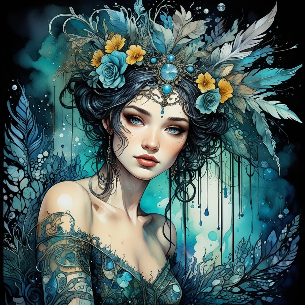 Art Nouveau Showgirl with Zentangle and Watercolor