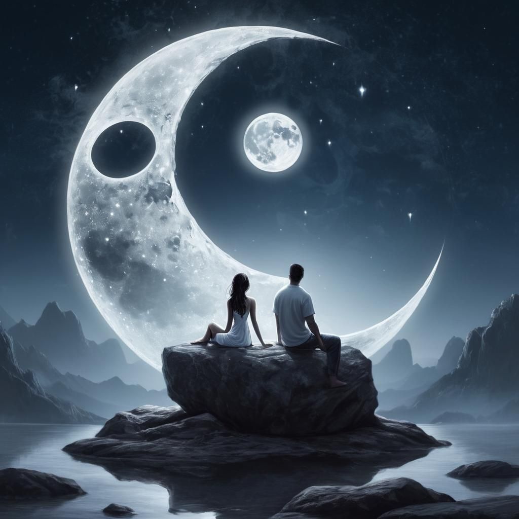 Yin Yang Couple Gazing at Moon, Fantasy Art
