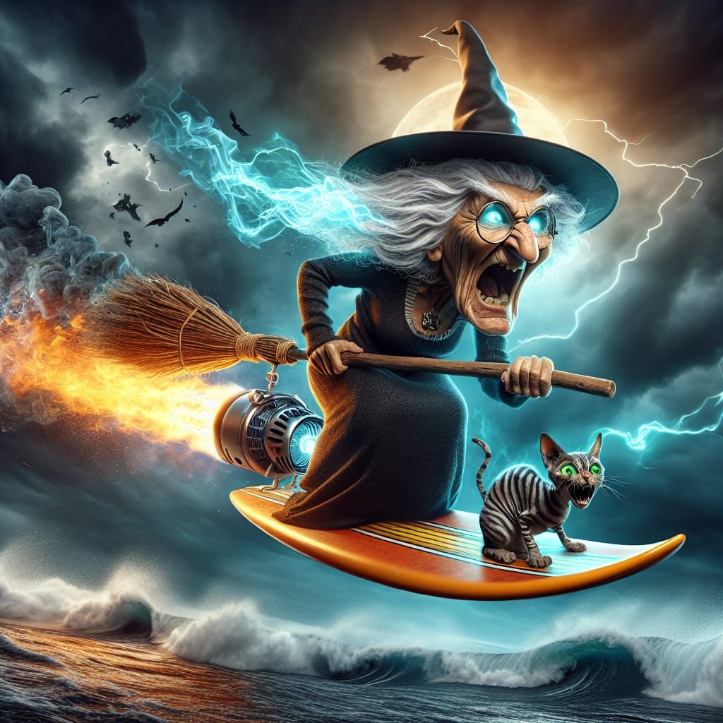 Furious Witch Rides Jet-Powered Surfboard Broom