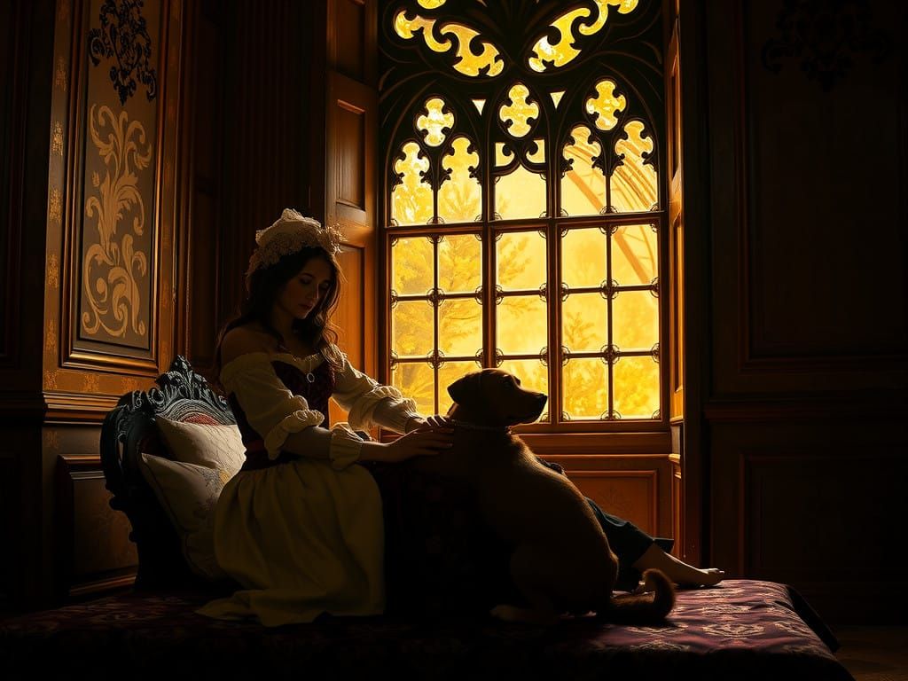 Serenely Lit Lady at Baroque Window in Chiaroscuro and Sfuma...