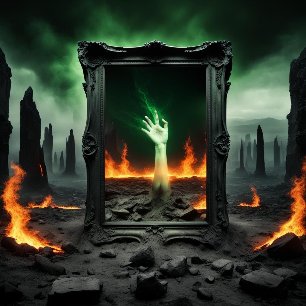 Dystopian Landscape with Fiery Meteors and Demonic Mirror