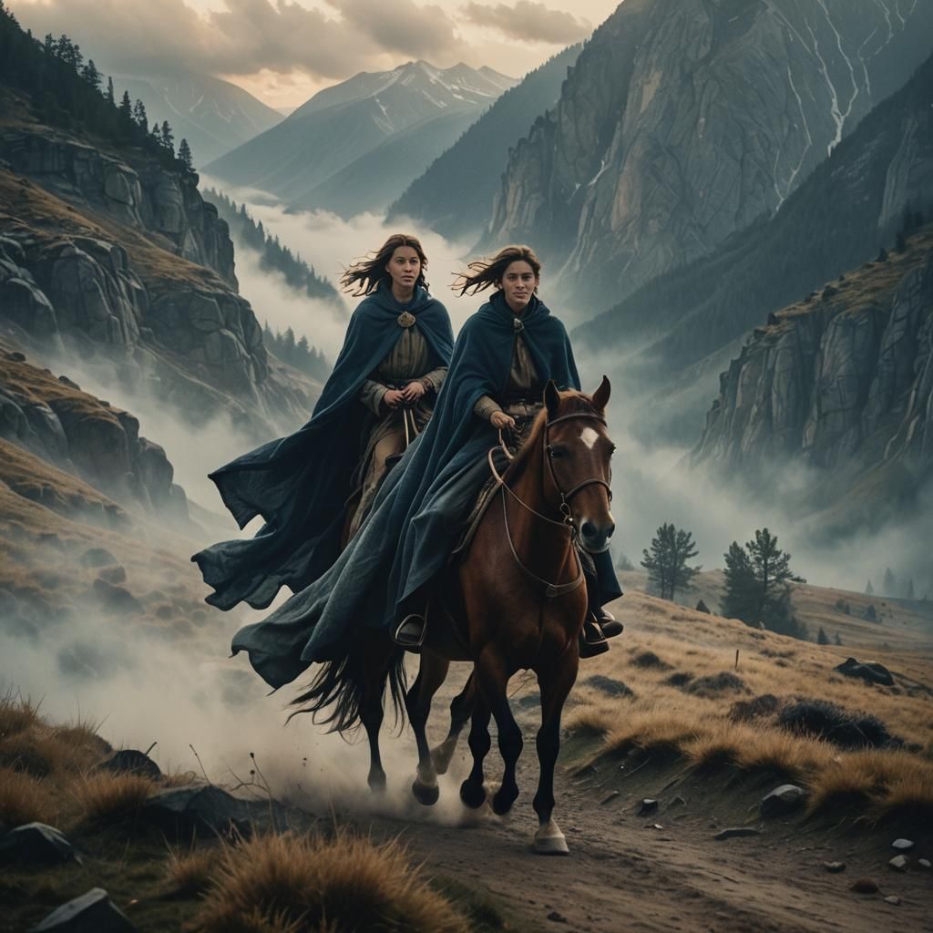 Woman Rides Horse Through Misty Mountains