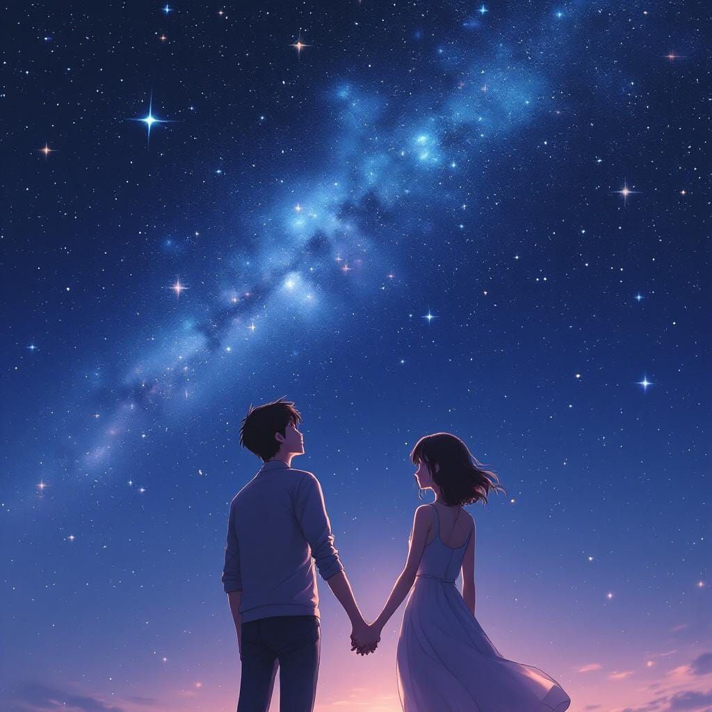 Anime Couple Holding Hands Under Starry Sky