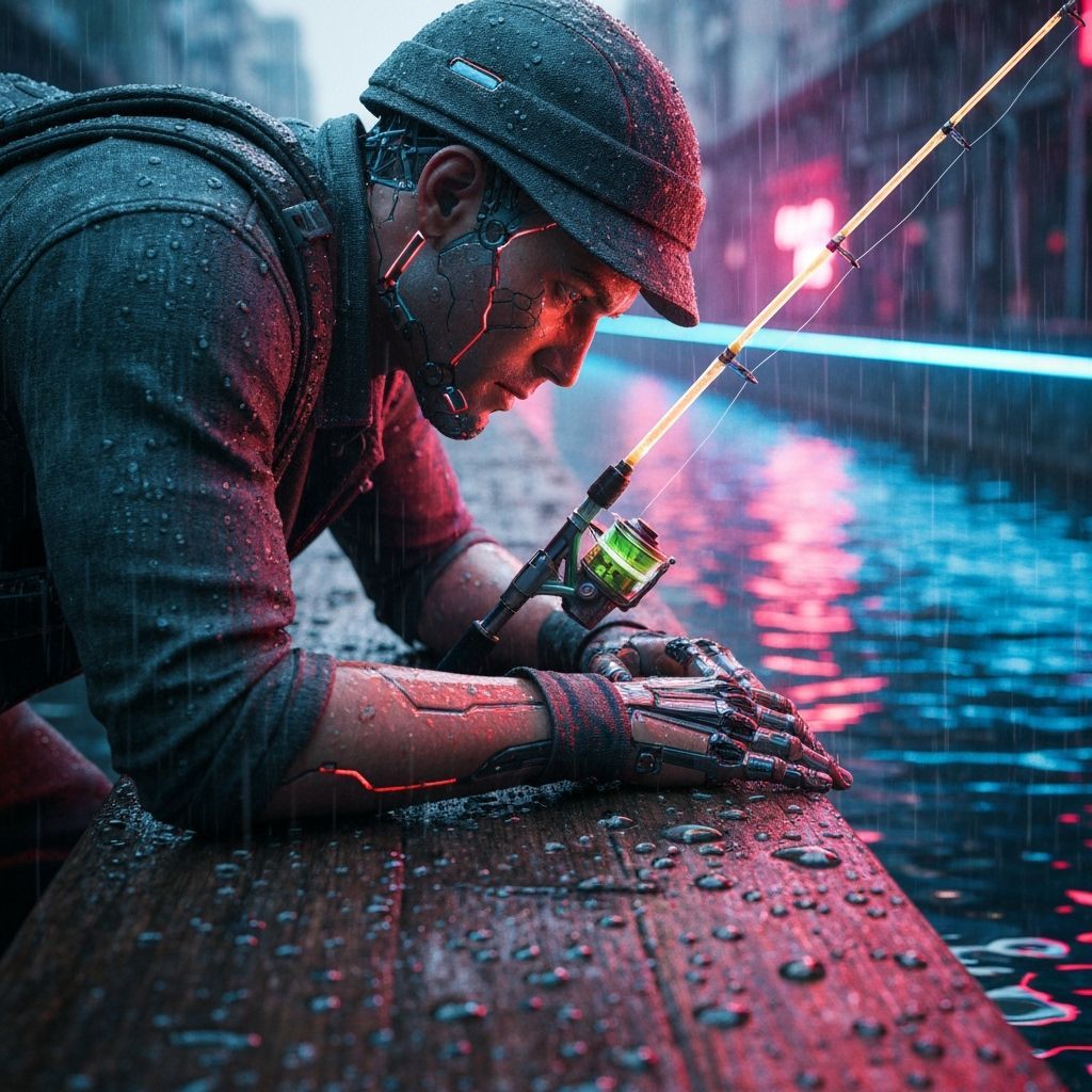 Cybernetic Fisherman in Neon City Rain, Ultra-Photoreal