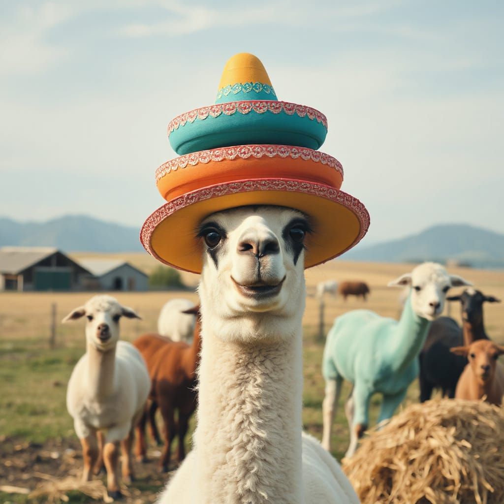 Smug Alpaca with Sombreros: Gouache Painting