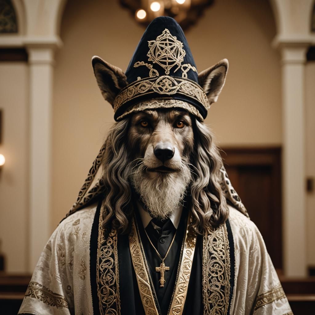 Wolf Rabbi Portrait in Synagogue, Photorealistic Style