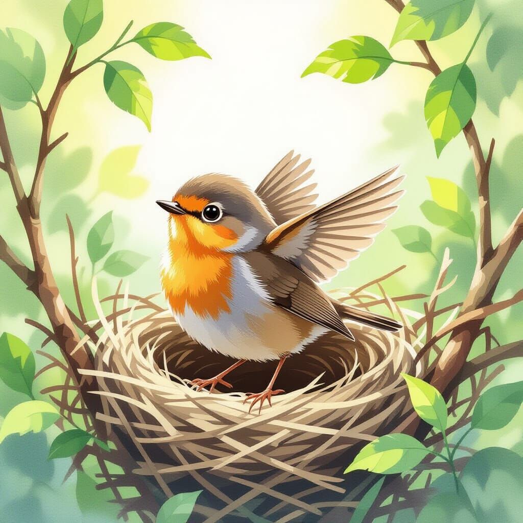 Robin's First Flight: A Ghibli-Inspired Watercolor Dream