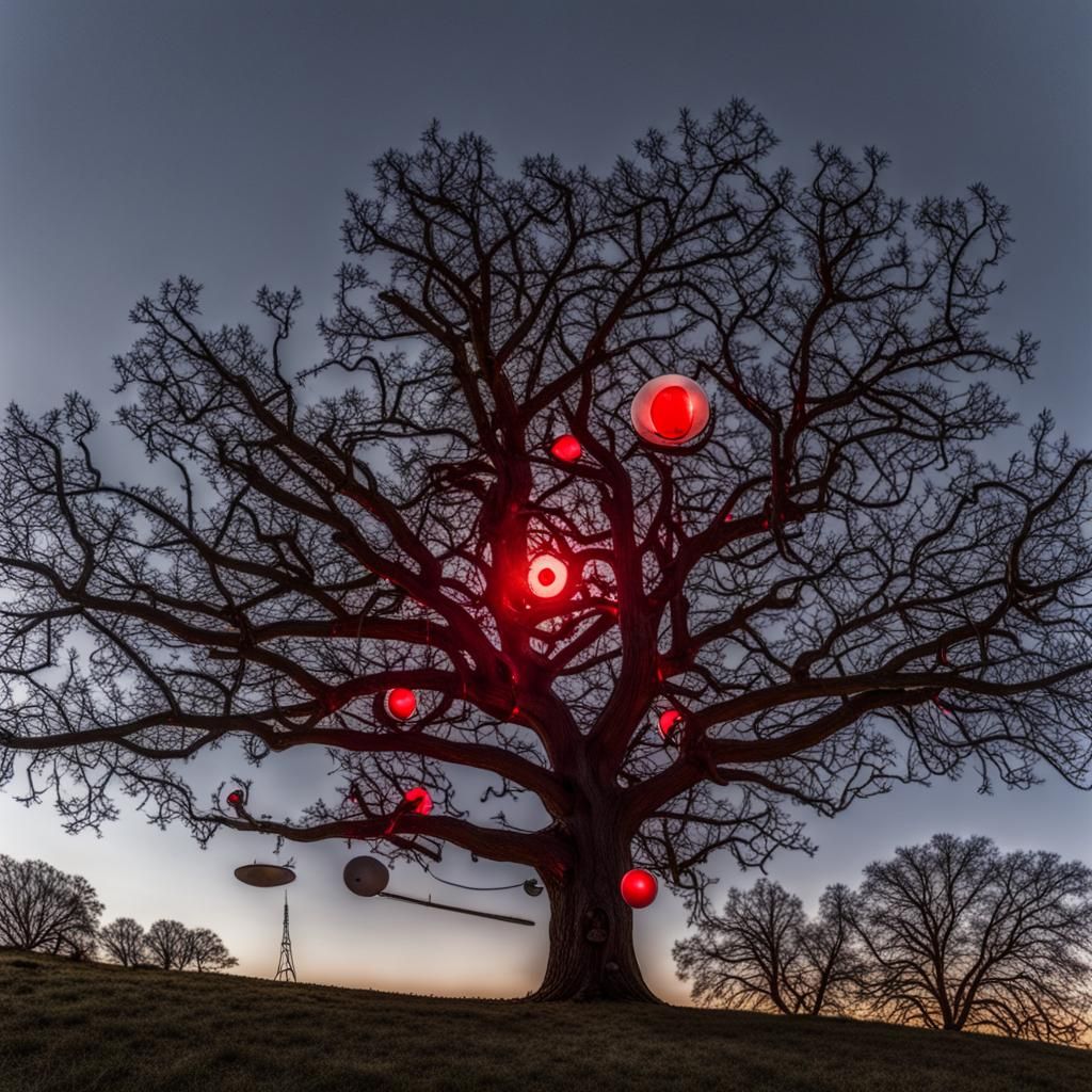 Surreal Oak Tree with Glowing Eye and Satellites