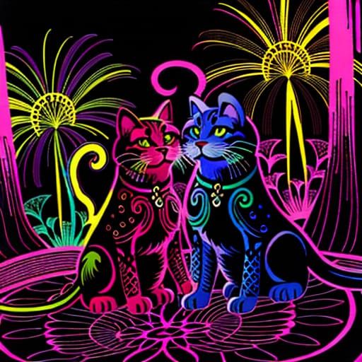 Psychedelic Blacklight Cats in Medieval Manuscript Style