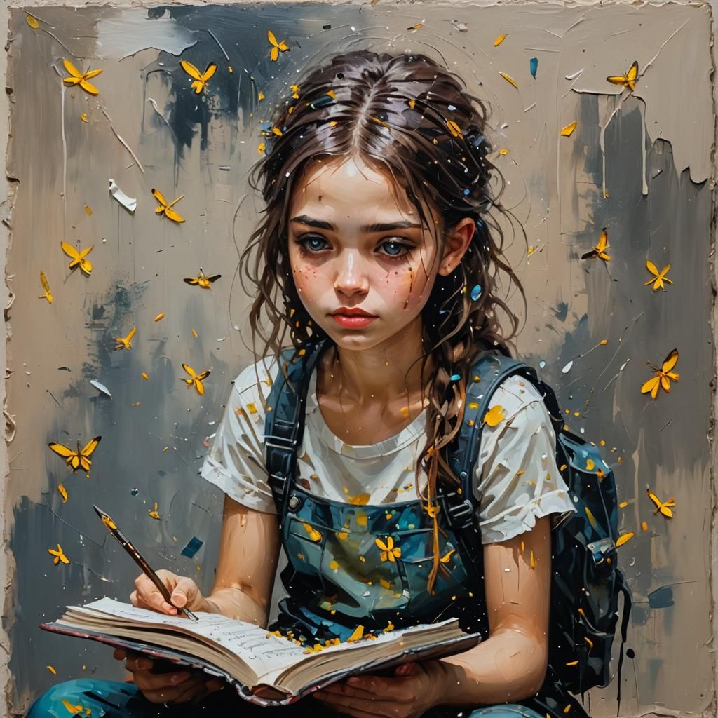 Punk Girl Reading Diary with Fireflies, Oil Impasto