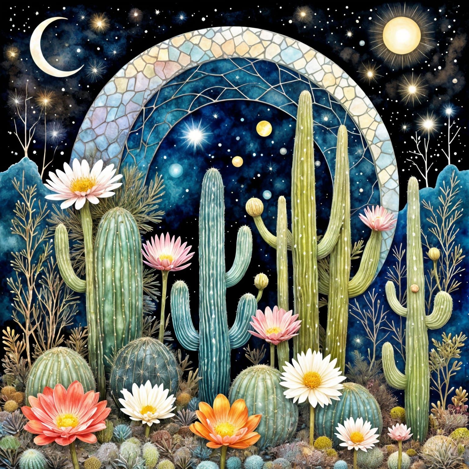 Moonlit Cactus Landscape in 3D Paper Style