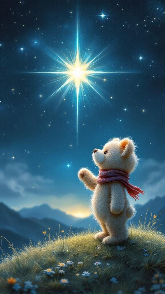 Felted Bear Cub Reaching for a Starry Sky