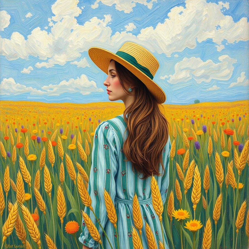 Woman in Wheat Field: Impressionist Summer Scene