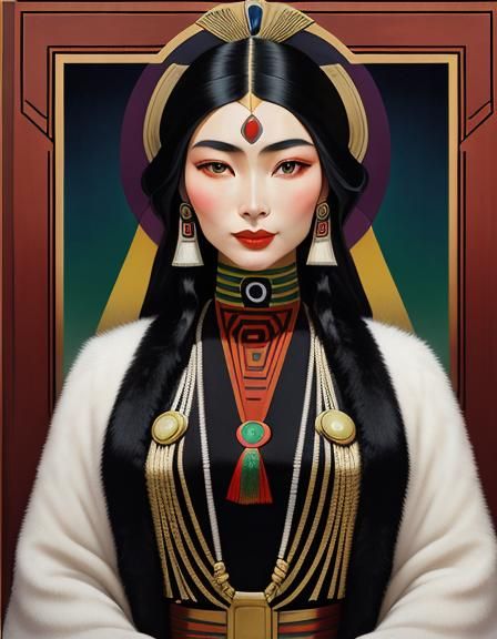 Art Deco Portrait of Tibetan Woman in Himalayas