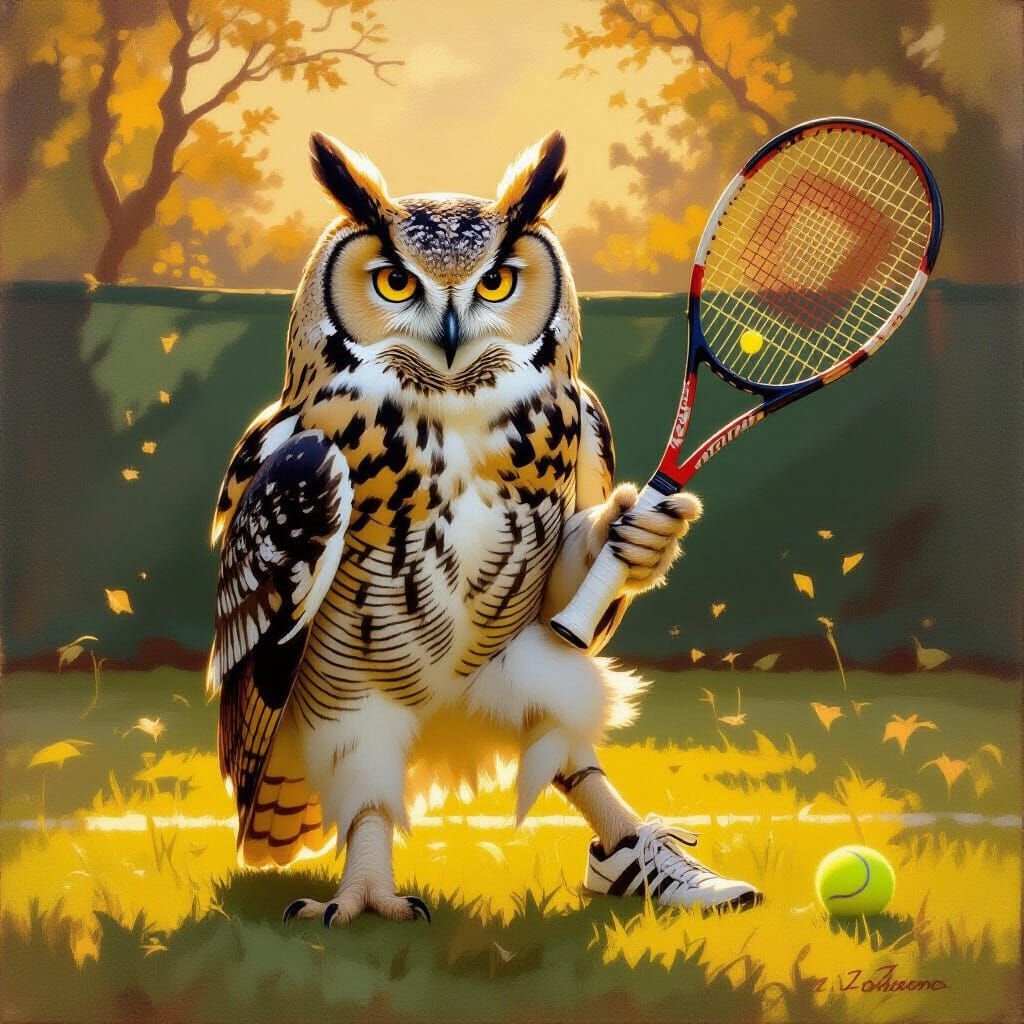 Owl Tennis Player in Vintage Oil Painting Style