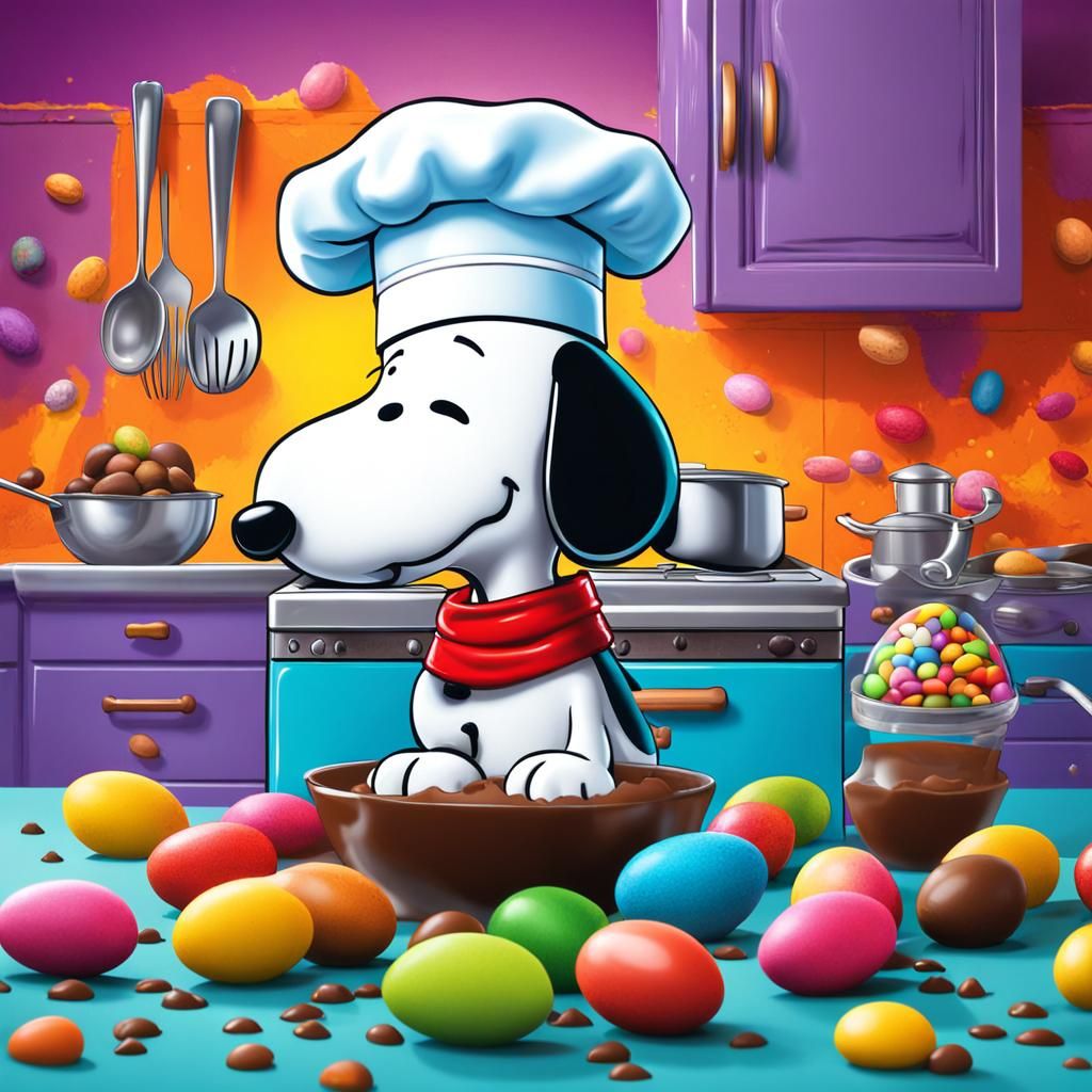 The cartoon dog, Snoopy, is in the kitchen making chocolate Easter eggs. He is wearing a chef hat. Colourful. Vibrant. B...