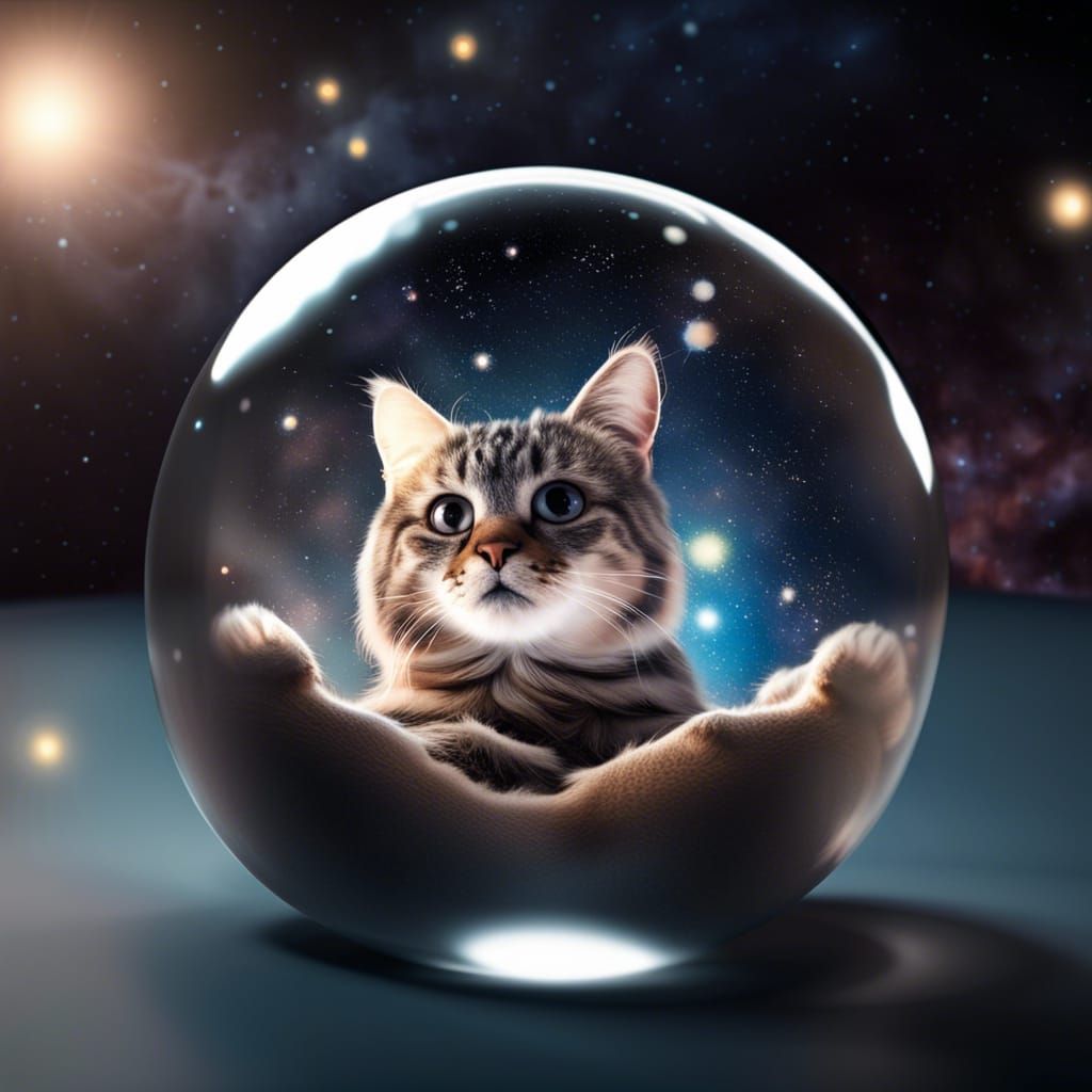 Cat in Glass Sphere Floating in Galaxy
