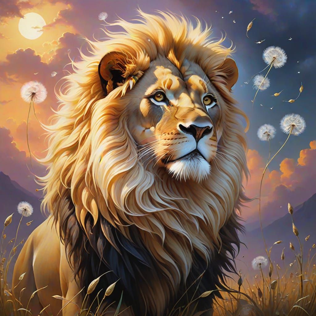 "Create a surreal, majestic lion formed entirely from soft dandelion seeds and delicate wisps of wind-blown fluff. Its m...