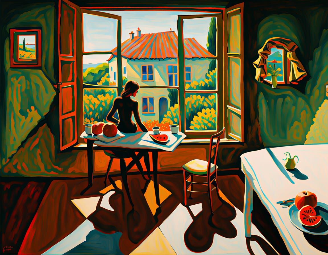 Mysterious Figure Leering Through Window in Surreal Style