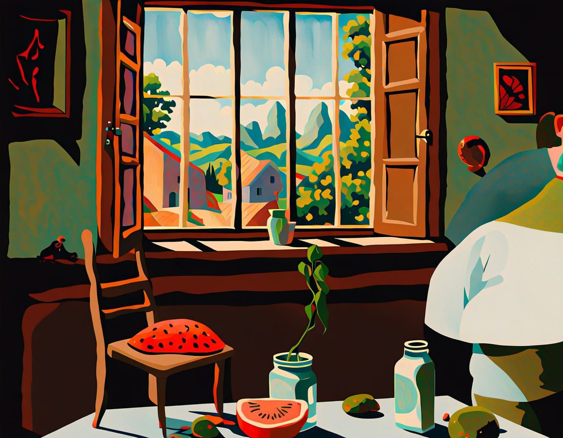 Mysterious Shadowy Figure Leering Through Window as Watercol...