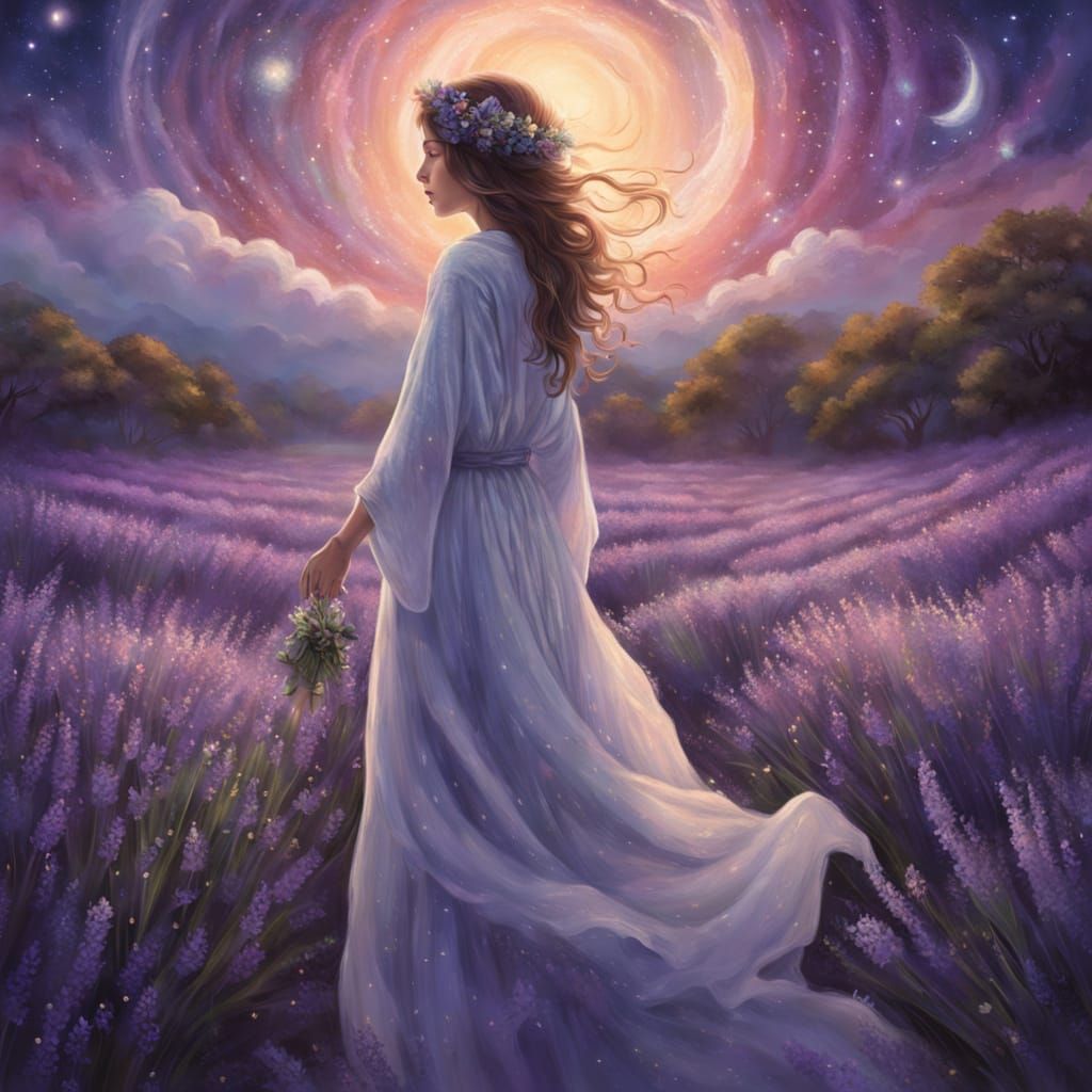 Ethereal Woman in Lavender Field at Twilight