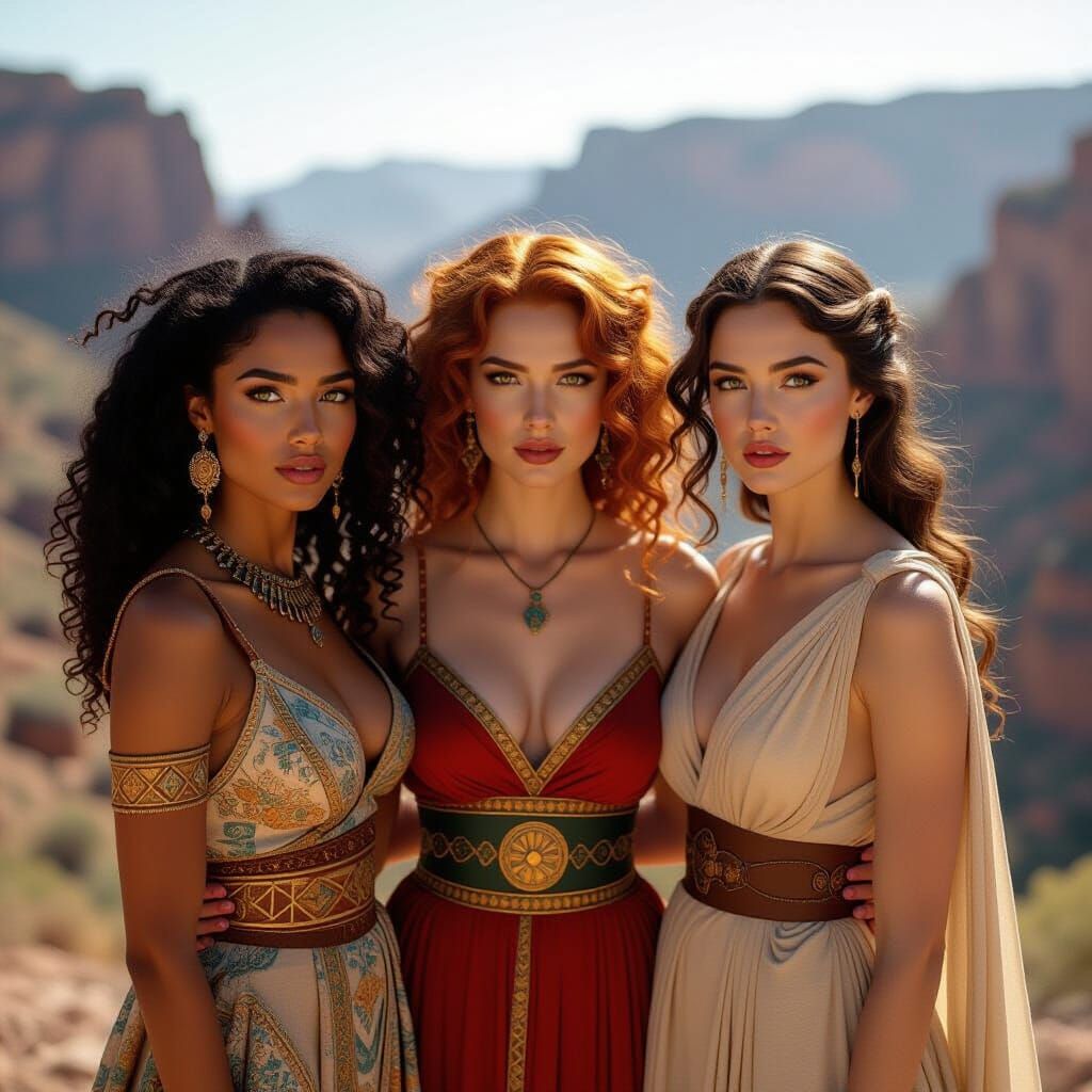Women in Egyptian, Celtic, and Grecian Attire