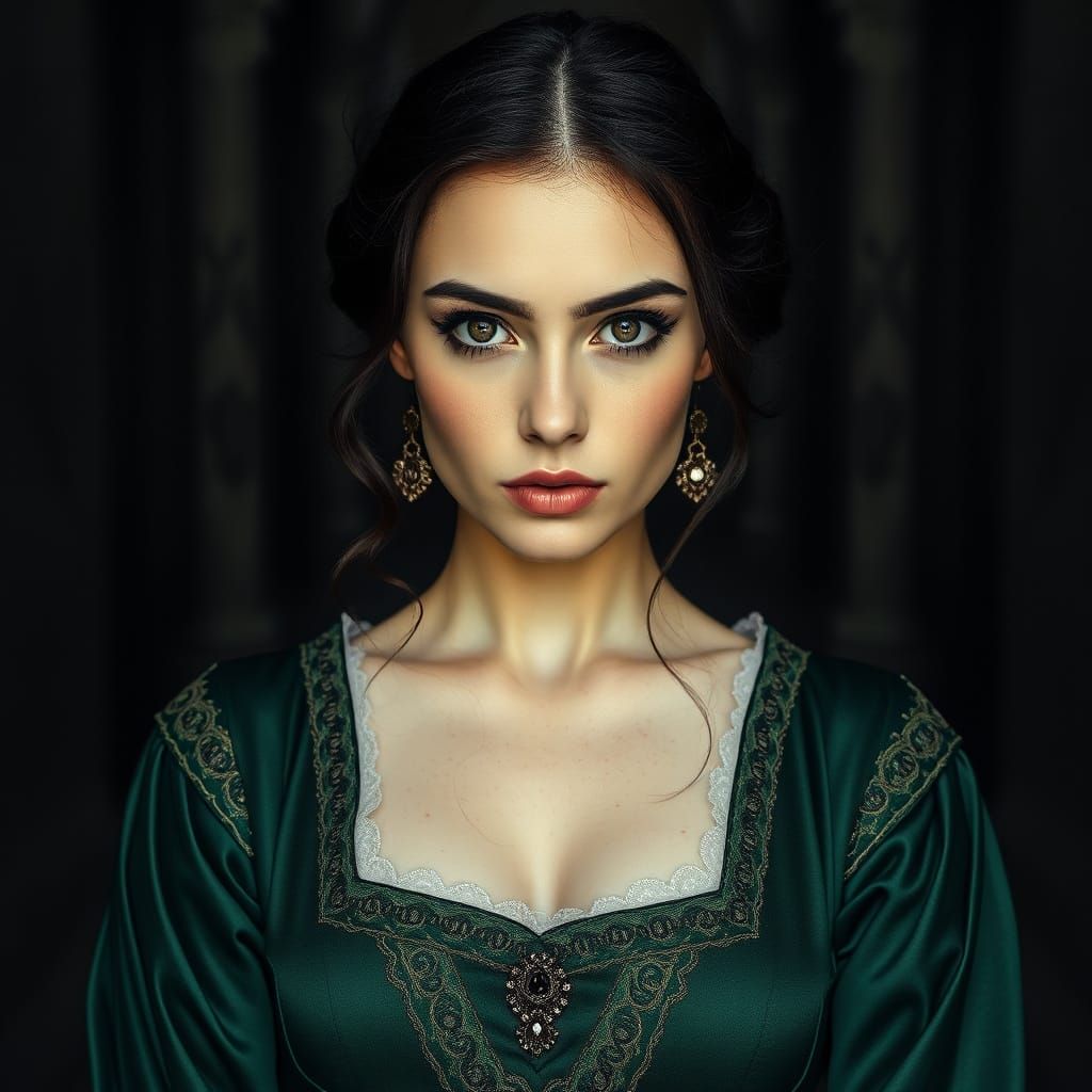 Woman in Emerald Dress in Cubist Castle