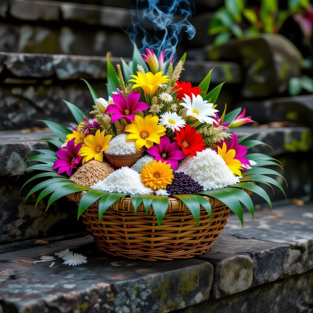 Vibrant Balinese Offering with Flowers and Incense