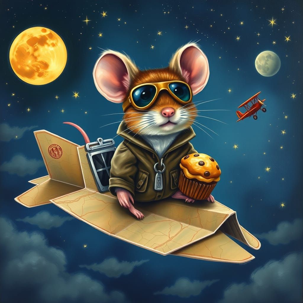 Whimsical Mouse Pilot Flies Map Airplane Past Red Baron