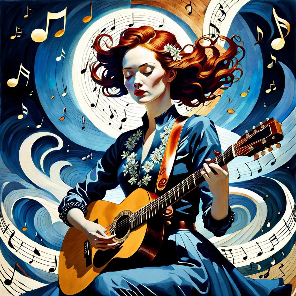 Girl Playing Guitar in Surreal Watercolor Style