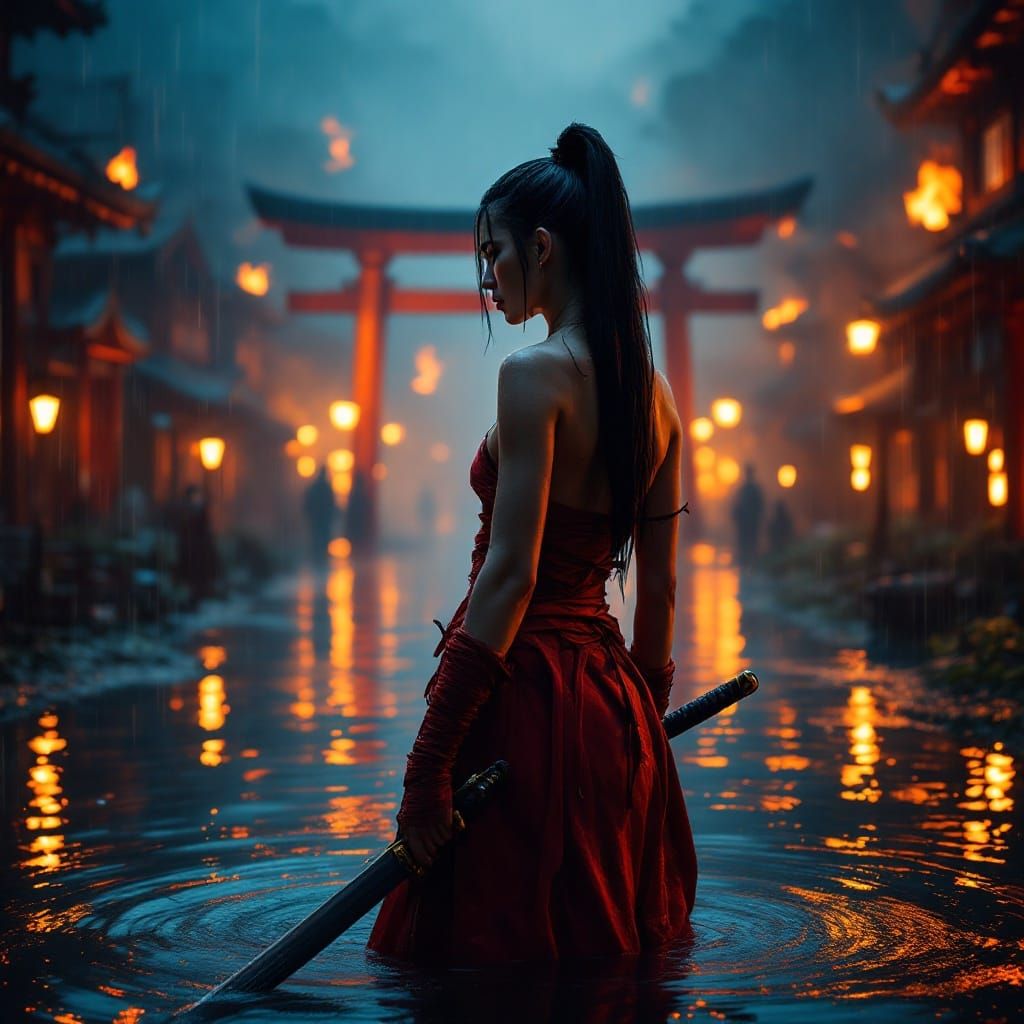 Ancient Japanese Warrior Illuminated by Fiery Inferno