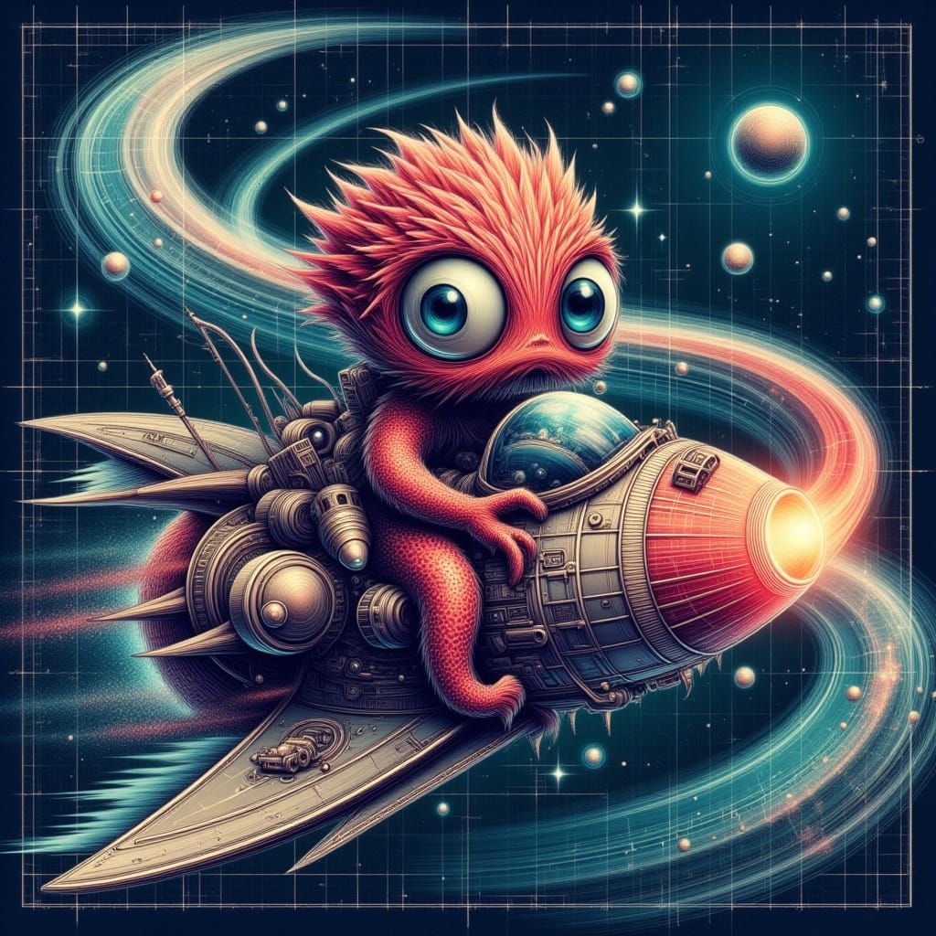 Adorable Tentacle Creature Rides Rocket in Rough Schematic S...