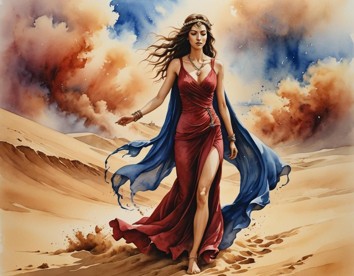 Hourglass Woman Running from Sandstorm in Watercolor