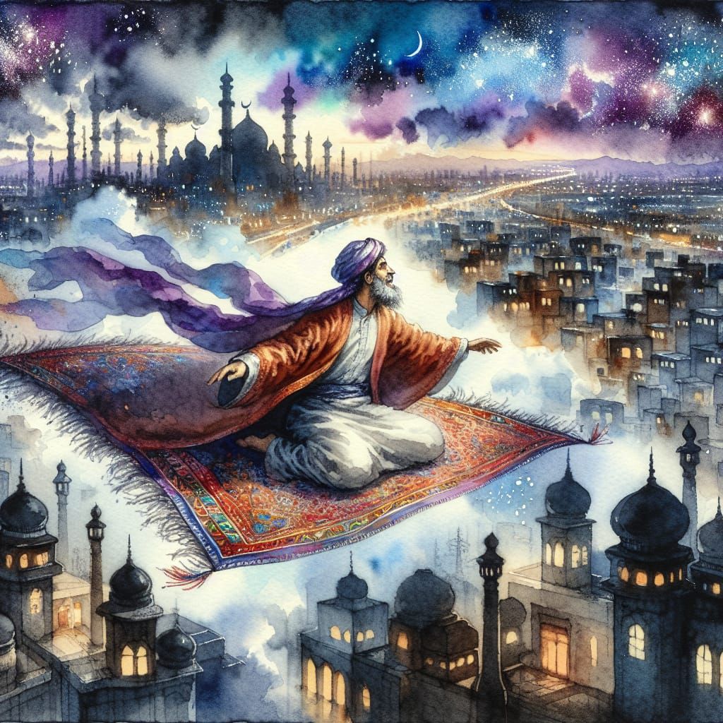 Ali Baba's Flying Carpet Ride: Watercolor Romanticism