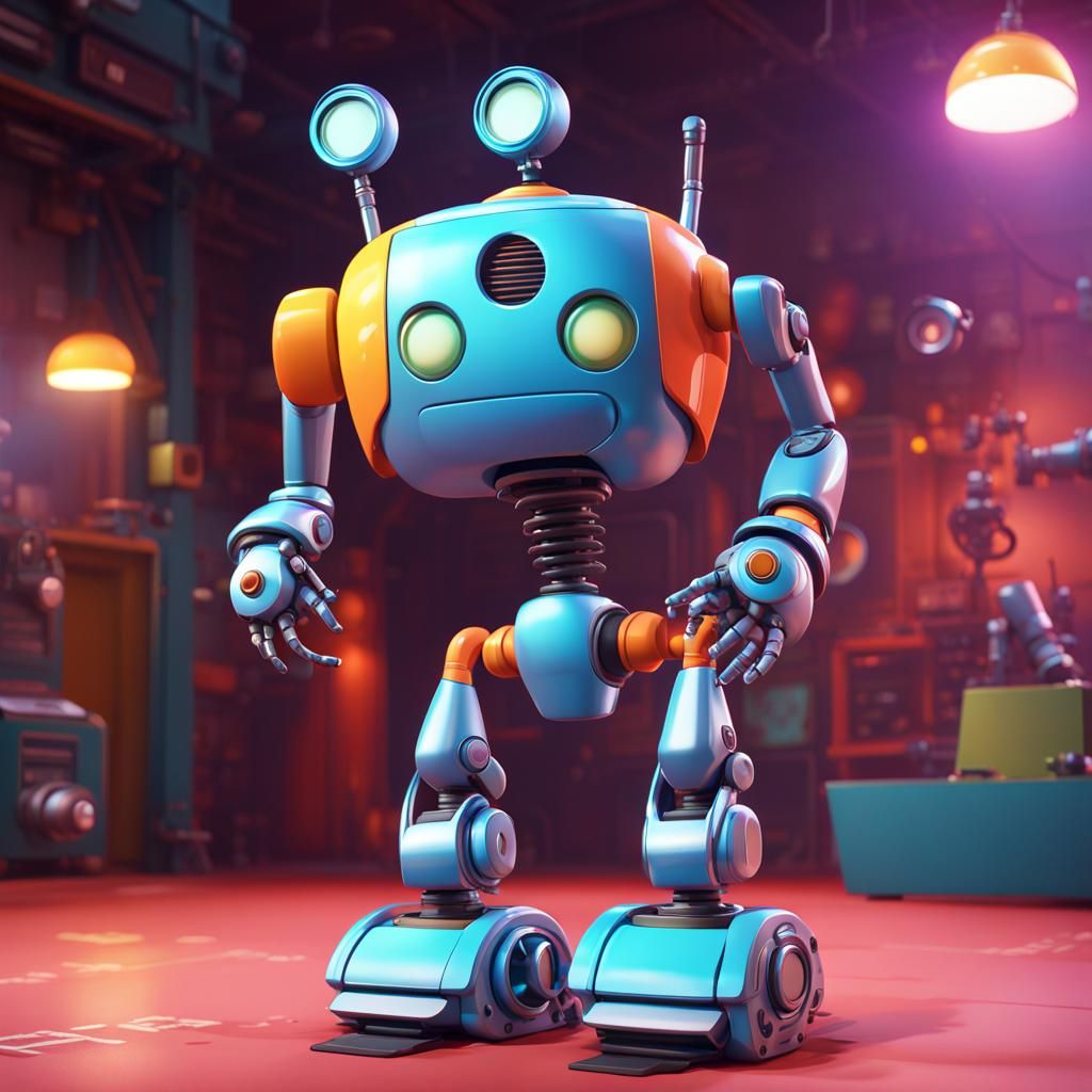 Funny Cartoon Robot in Pixar Style, 3D Digital Art