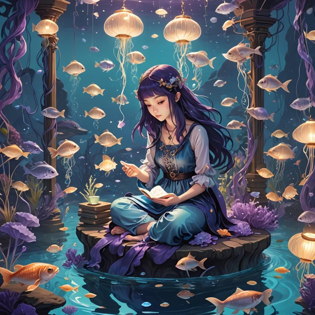 Underwater Tarot Reader in Anime Style