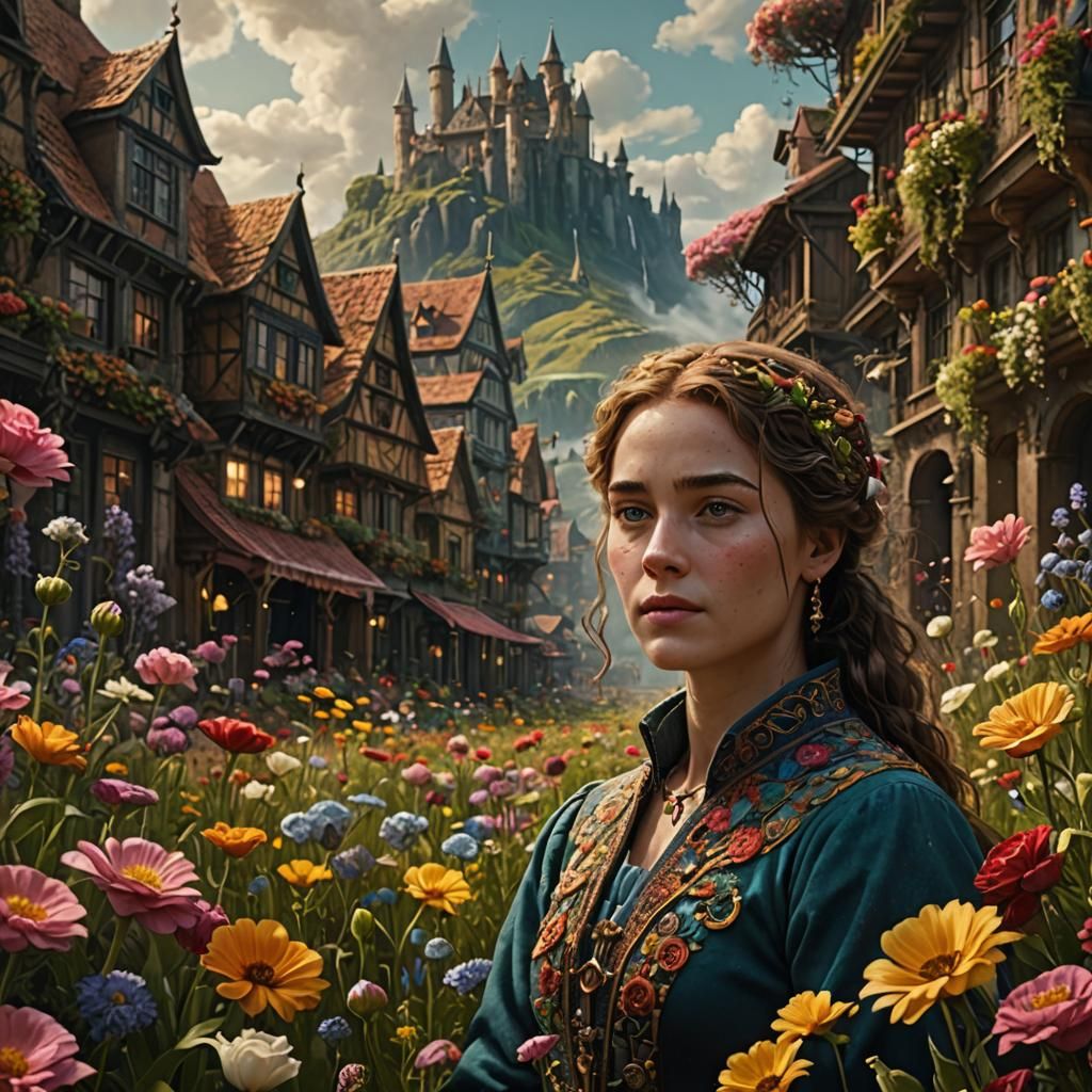 Woman Smiling in Flower Field: Digital Matte Painting