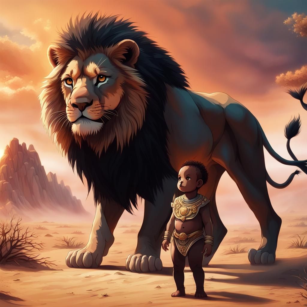 Cute Black Baby and Lion in Anime Desert
