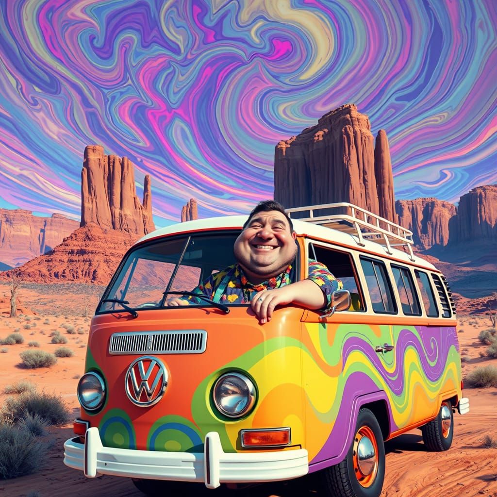 Psychedelic Hippie VW Bus in Desert Canyon