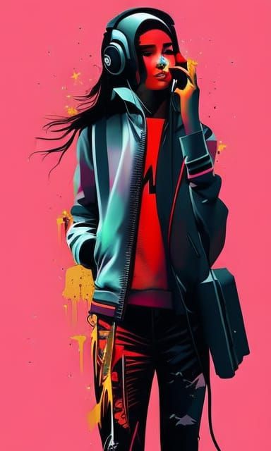 Girl with Headphones: Vector Art in Triadic Colors