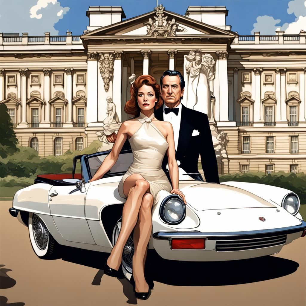 "The Avengers", "John Steed" and "Emma Peel" standing next to a white "Lotus Elan convertible"