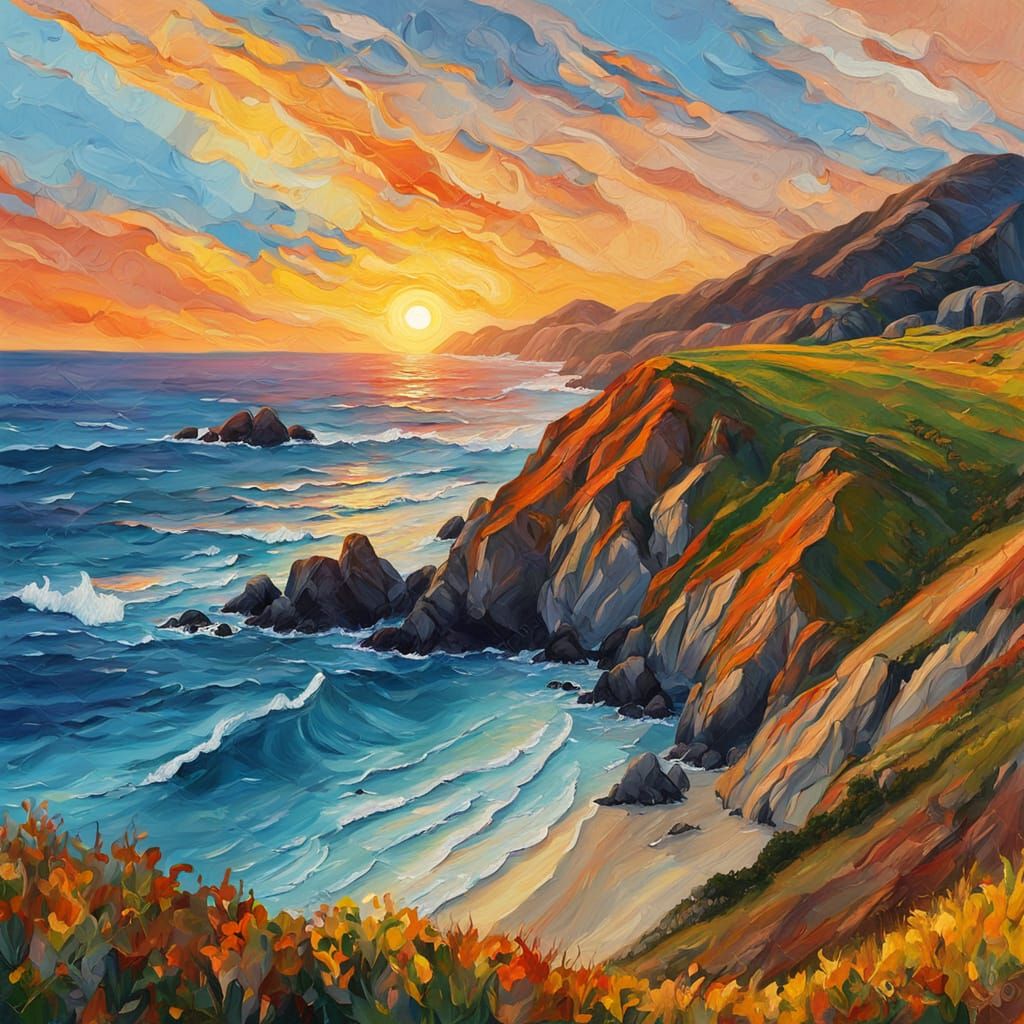 California Coast at Golden Hour in Impasto Style