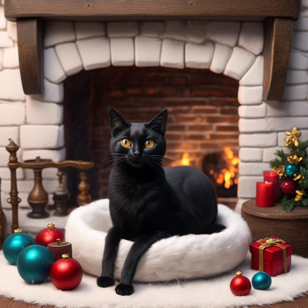 Elegant Black Cat in White Bed, Cartoony 3D Art