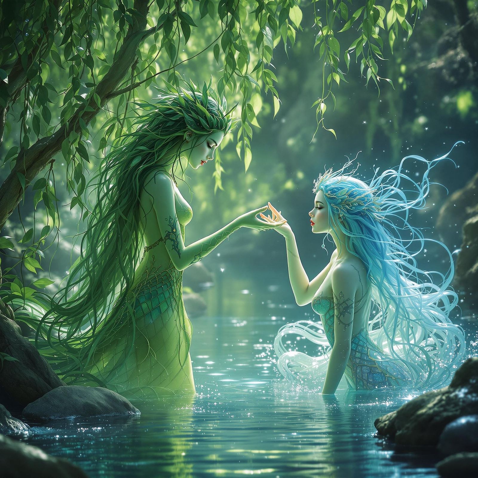 Enchanted Dryad and Nyad in Ethereal Stream Scene