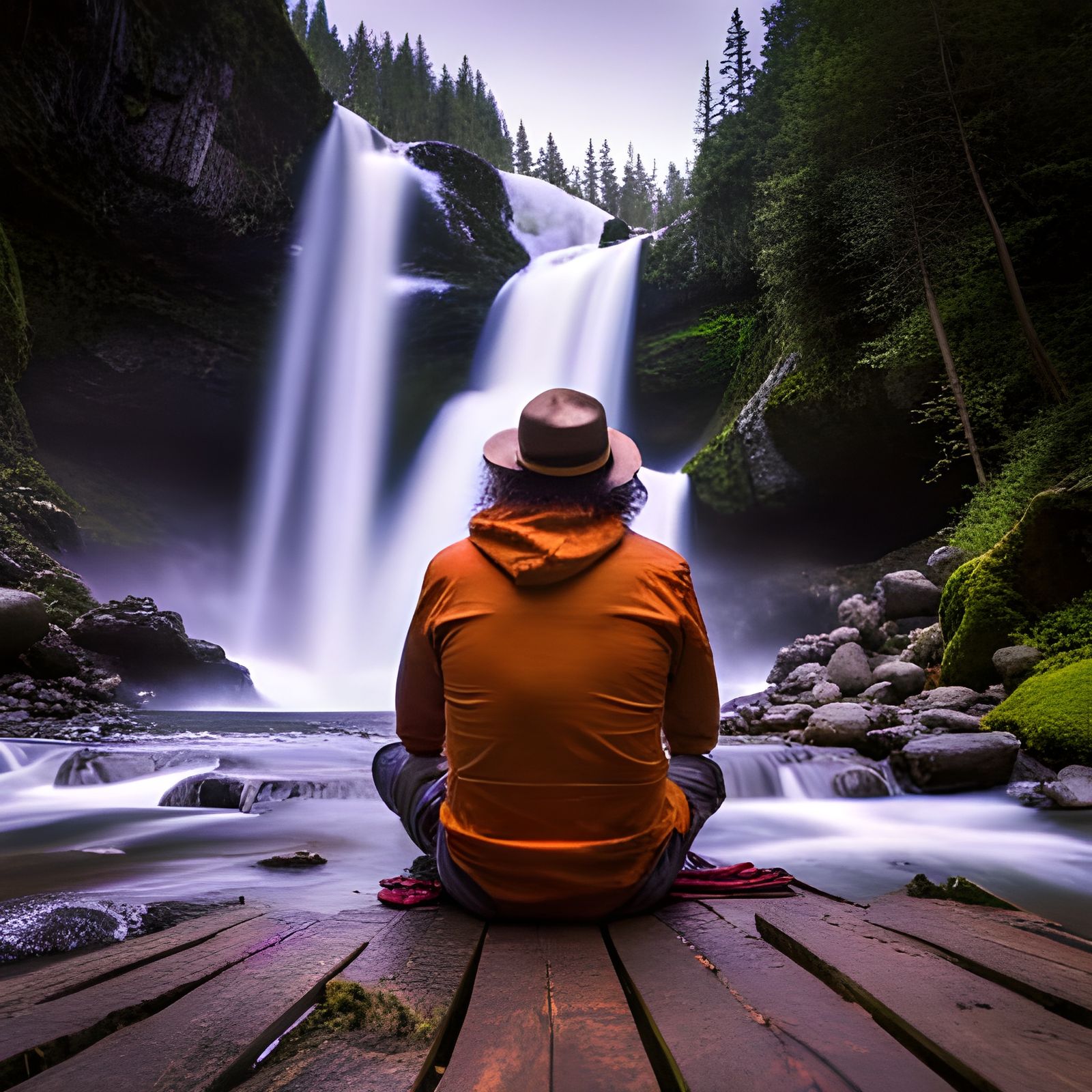 Man, Waterfall, Joint: a Matte Painting of Harmony
